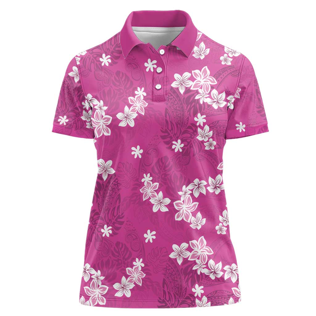 Hawaii Monstera Deliciosa Women Polo Shirt Pink Plumeria Polynesian Pattern - Polynesian Pride