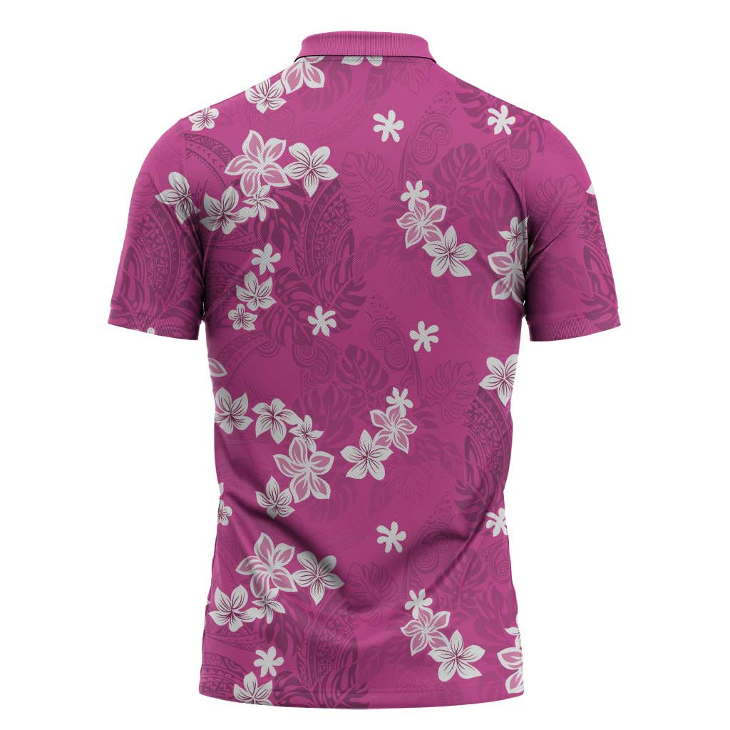 Hawaii Monstera Deliciosa Zipper Polo Shirt Pink Plumeria Polynesian Pattern - Polynesian Pride