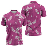 Hawaii Monstera Deliciosa Zipper Polo Shirt Pink Plumeria Polynesian Pattern - Polynesian Pride
