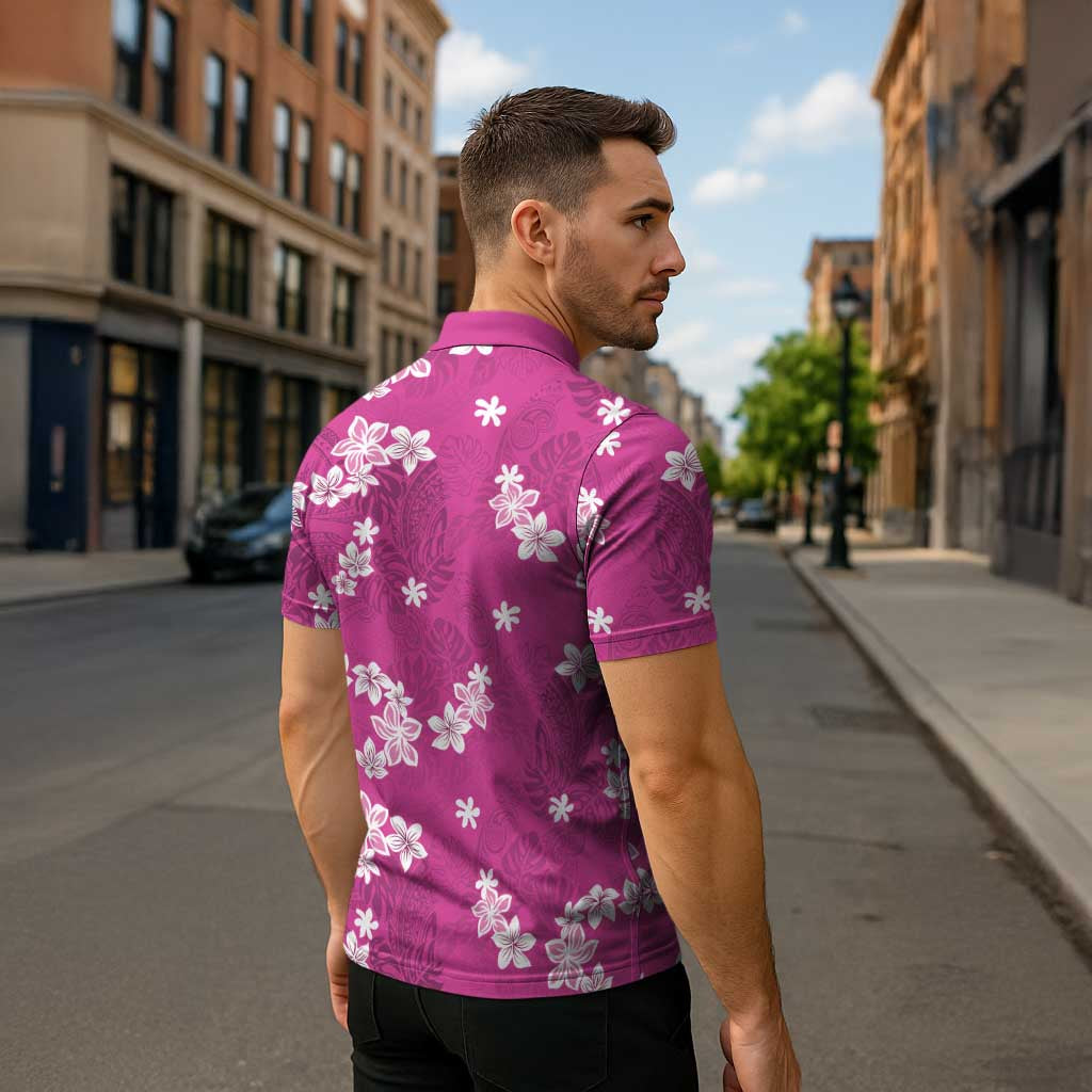 Hawaii Monstera Deliciosa Zipper Polo Shirt Pink Plumeria Polynesian Pattern - Polynesian Pride