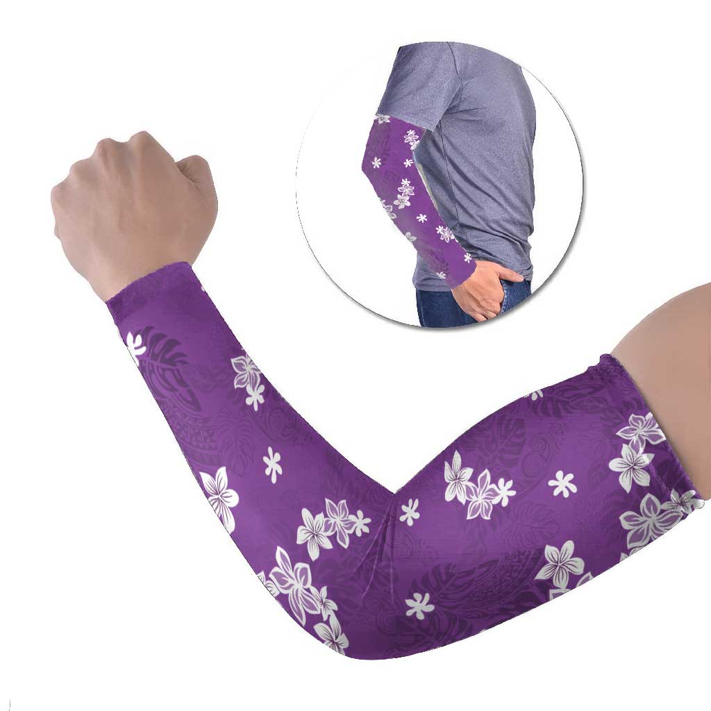 Hawaii Monstera Deliciosa Arm Sleeves Purple Plumeria Polynesian Pattern - Polynesian Pride