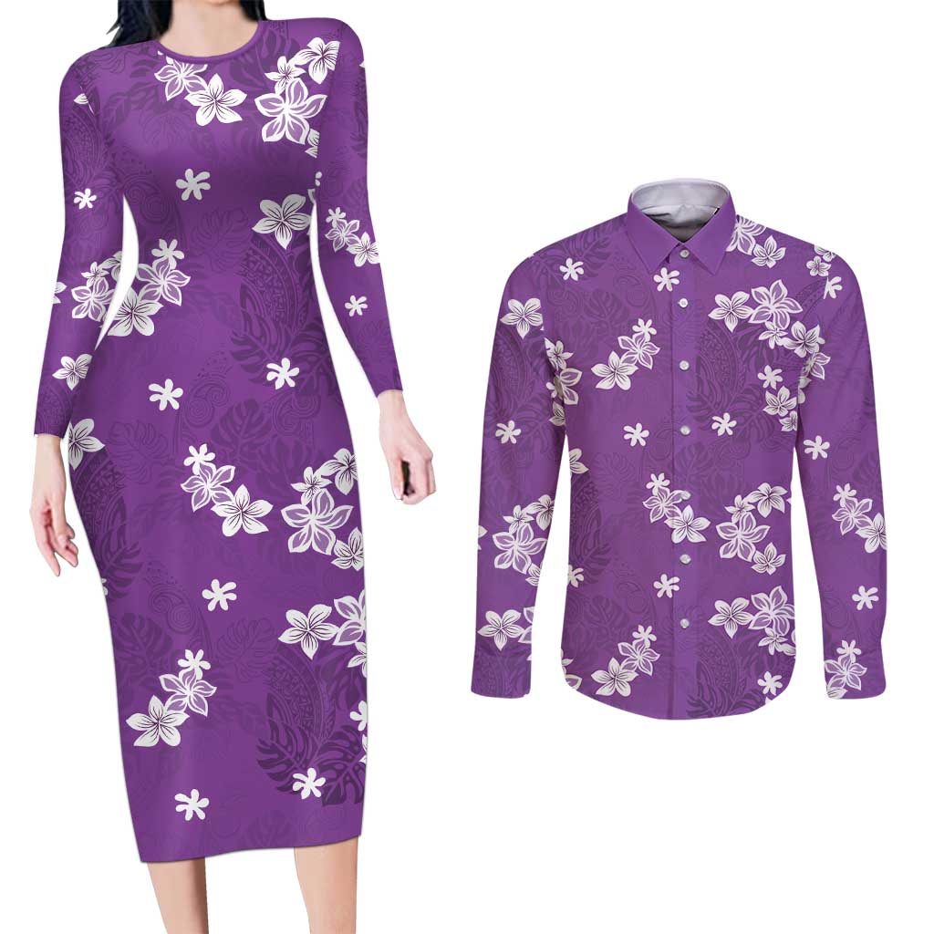 Hawaii Monstera Deliciosa Couples Matching Long Sleeve Bodycon Dress and Long Sleeve Button Shirt Purple Plumeria Polynesian Pattern - Polynesian Pride