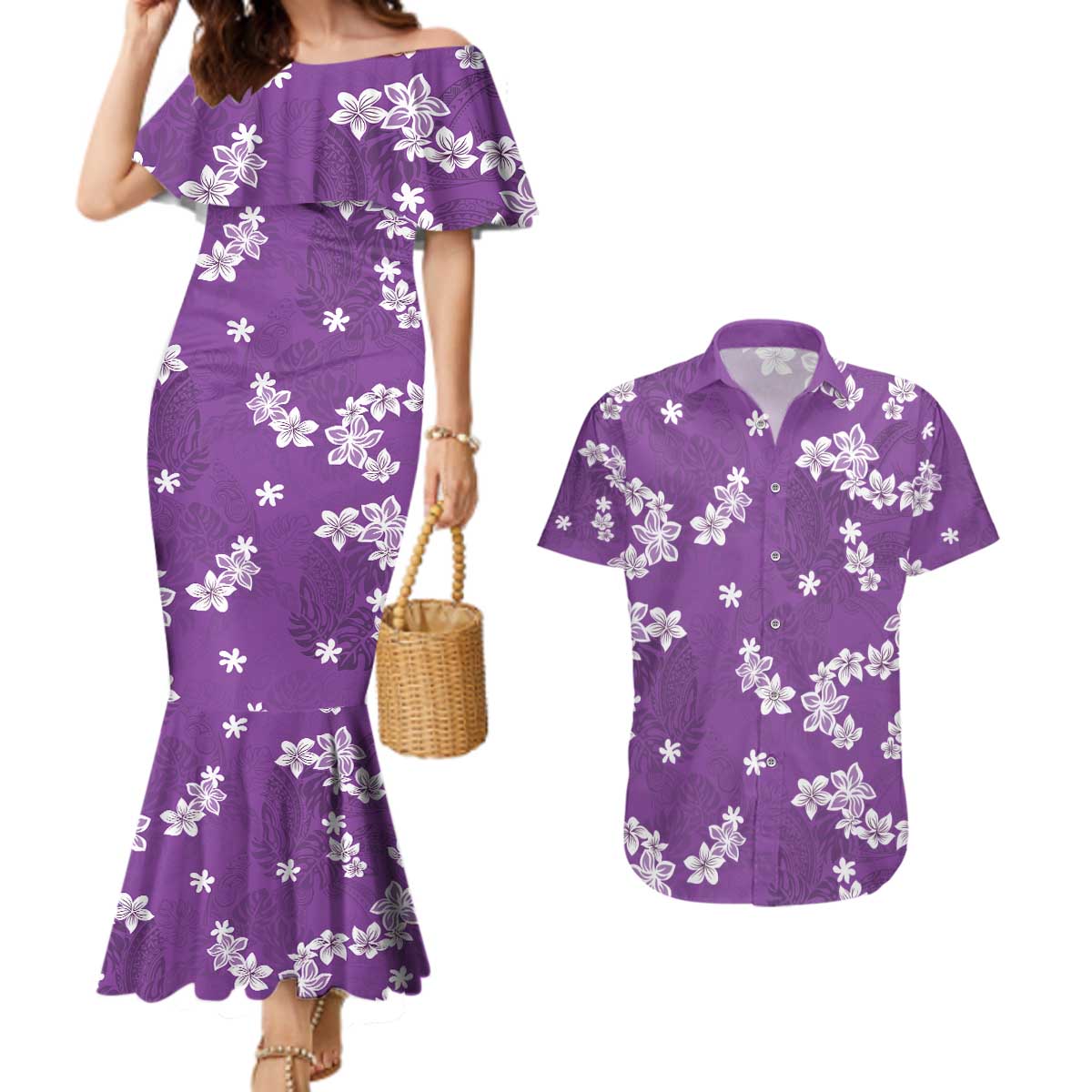Hawaii Monstera Deliciosa Couples Matching Mermaid Dress and Hawaiian Shirt Purple Plumeria Polynesian Pattern - Polynesian Pride