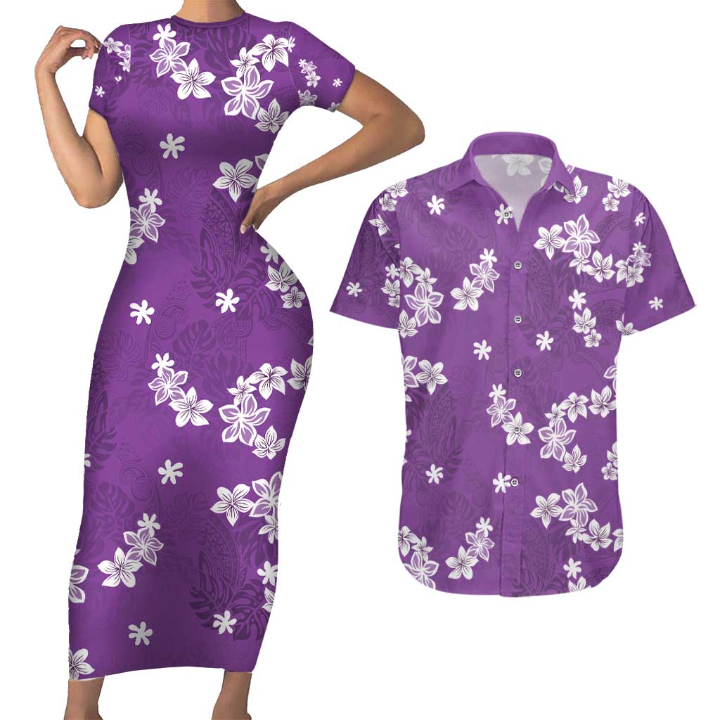 Hawaii Monstera Deliciosa Couples Matching Short Sleeve Bodycon Dress and Hawaiian Shirt Purple Plumeria Polynesian Pattern - Polynesian Pride