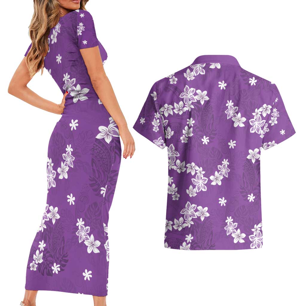 Hawaii Monstera Deliciosa Couples Matching Short Sleeve Bodycon Dress and Hawaiian Shirt Purple Plumeria Polynesian Pattern - Polynesian Pride