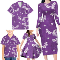 Hawaii Monstera Deliciosa Family Matching Long Sleeve Bodycon Dress and Hawaiian Shirt Purple Plumeria Polynesian Pattern - Polynesian Pride