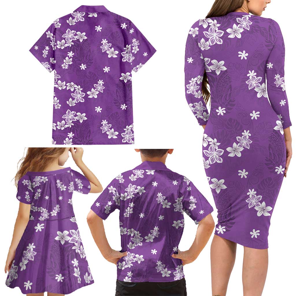 Hawaii Monstera Deliciosa Family Matching Long Sleeve Bodycon Dress and Hawaiian Shirt Purple Plumeria Polynesian Pattern - Polynesian Pride