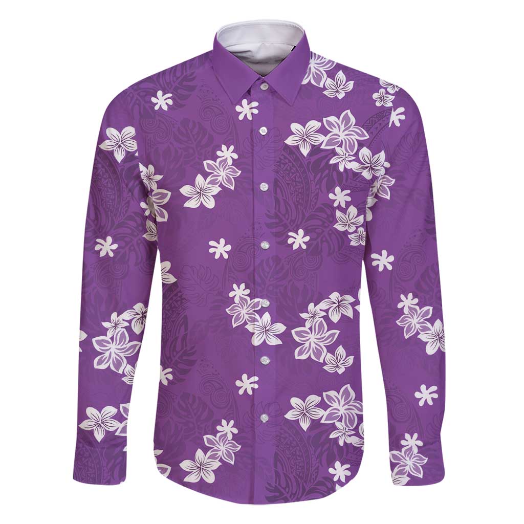 Hawaii Monstera Deliciosa Family Matching Long Sleeve Bodycon Dress and Hawaiian Shirt Purple Plumeria Polynesian Pattern - Polynesian Pride