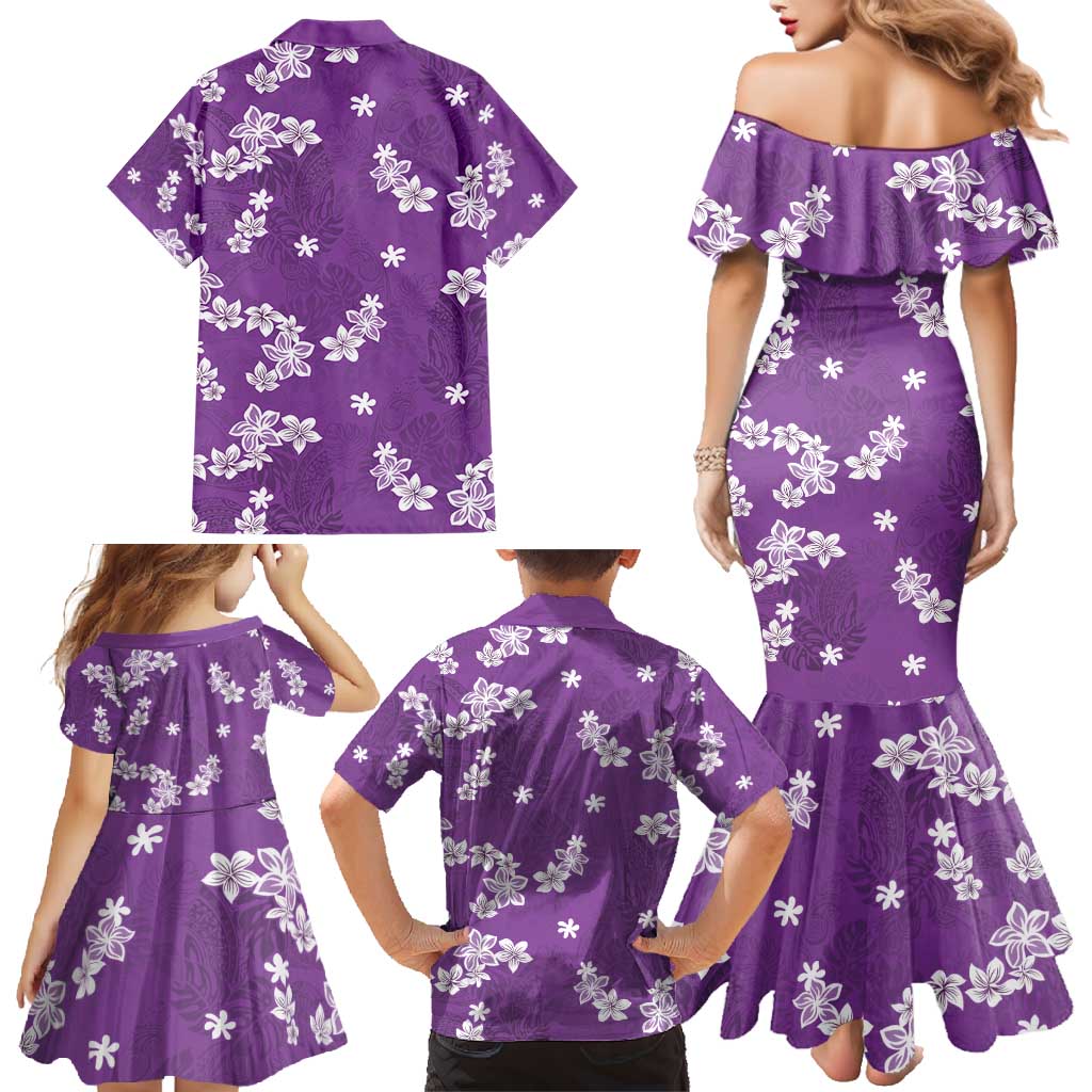 Hawaii Monstera Deliciosa Family Matching Mermaid Dress and Hawaiian Shirt Purple Plumeria Polynesian Pattern - Polynesian Pride
