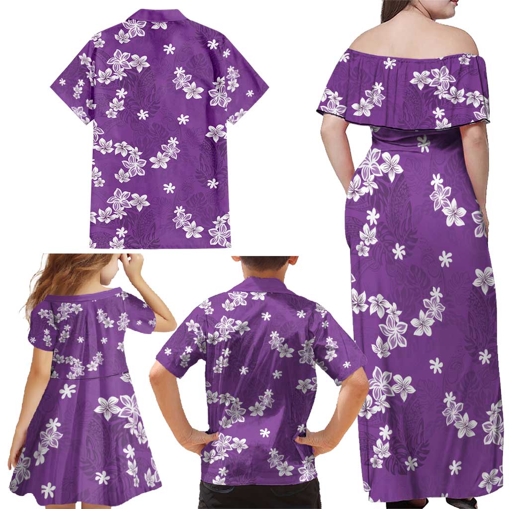 Hawaii Monstera Deliciosa Family Matching Off Shoulder Maxi Dress and Hawaiian Shirt Purple Plumeria Polynesian Pattern - Polynesian Pride