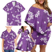 Hawaii Monstera Deliciosa Family Matching Off Shoulder Short Dress and Hawaiian Shirt Purple Plumeria Polynesian Pattern - Polynesian Pride