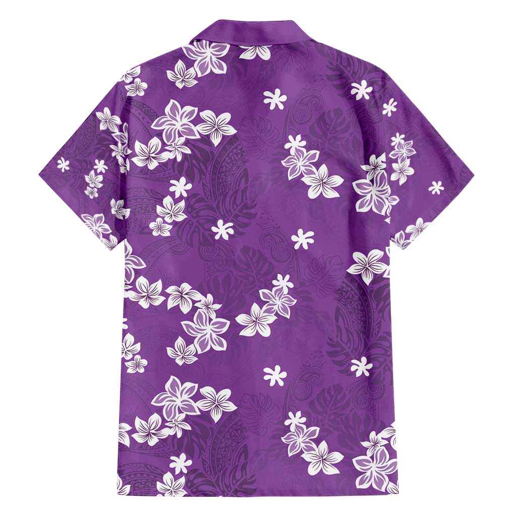 Hawaii Monstera Deliciosa Family Matching Off Shoulder Short Dress and Hawaiian Shirt Purple Plumeria Polynesian Pattern - Polynesian Pride