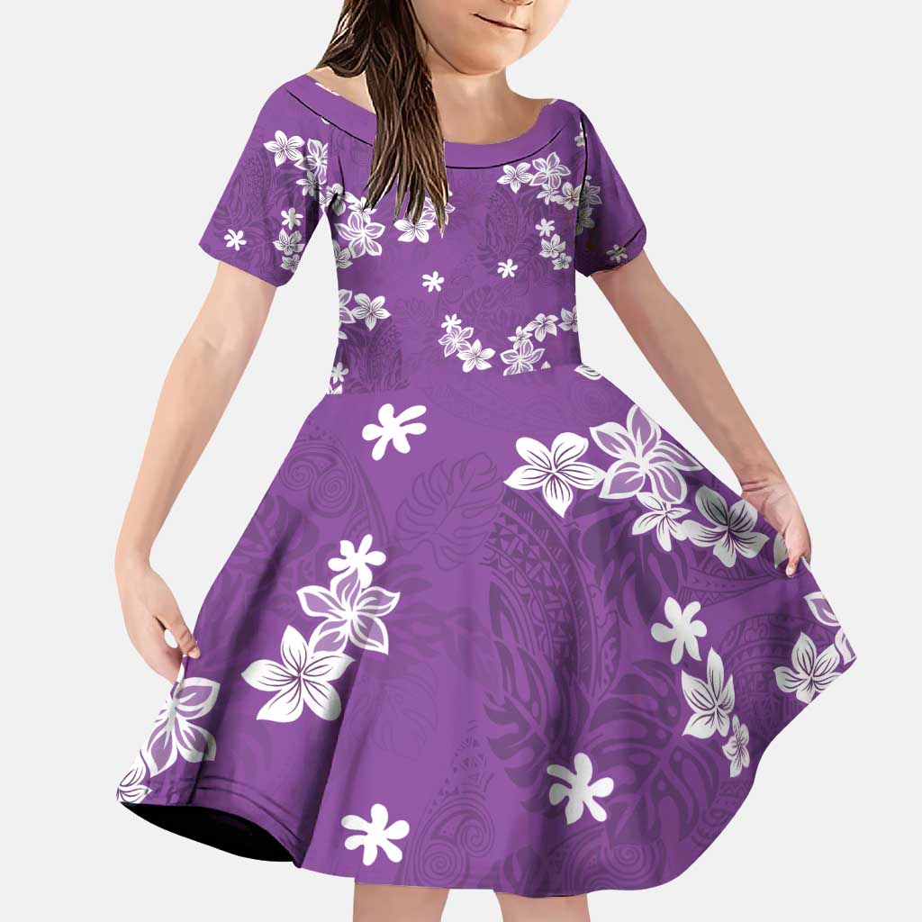 Hawaii Monstera Deliciosa Family Matching Puletasi and Hawaiian Shirt Purple Plumeria Polynesian Pattern LT05 Daughter's Dress Purple - Polynesian Pride