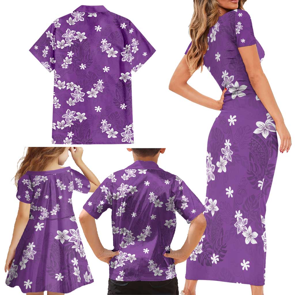 Hawaii Monstera Deliciosa Family Matching Short Sleeve Bodycon Dress and Hawaiian Shirt Purple Plumeria Polynesian Pattern - Polynesian Pride