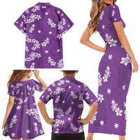 Hawaii Monstera Deliciosa Family Matching Short Sleeve Bodycon Dress and Hawaiian Shirt Purple Plumeria Polynesian Pattern - Polynesian Pride