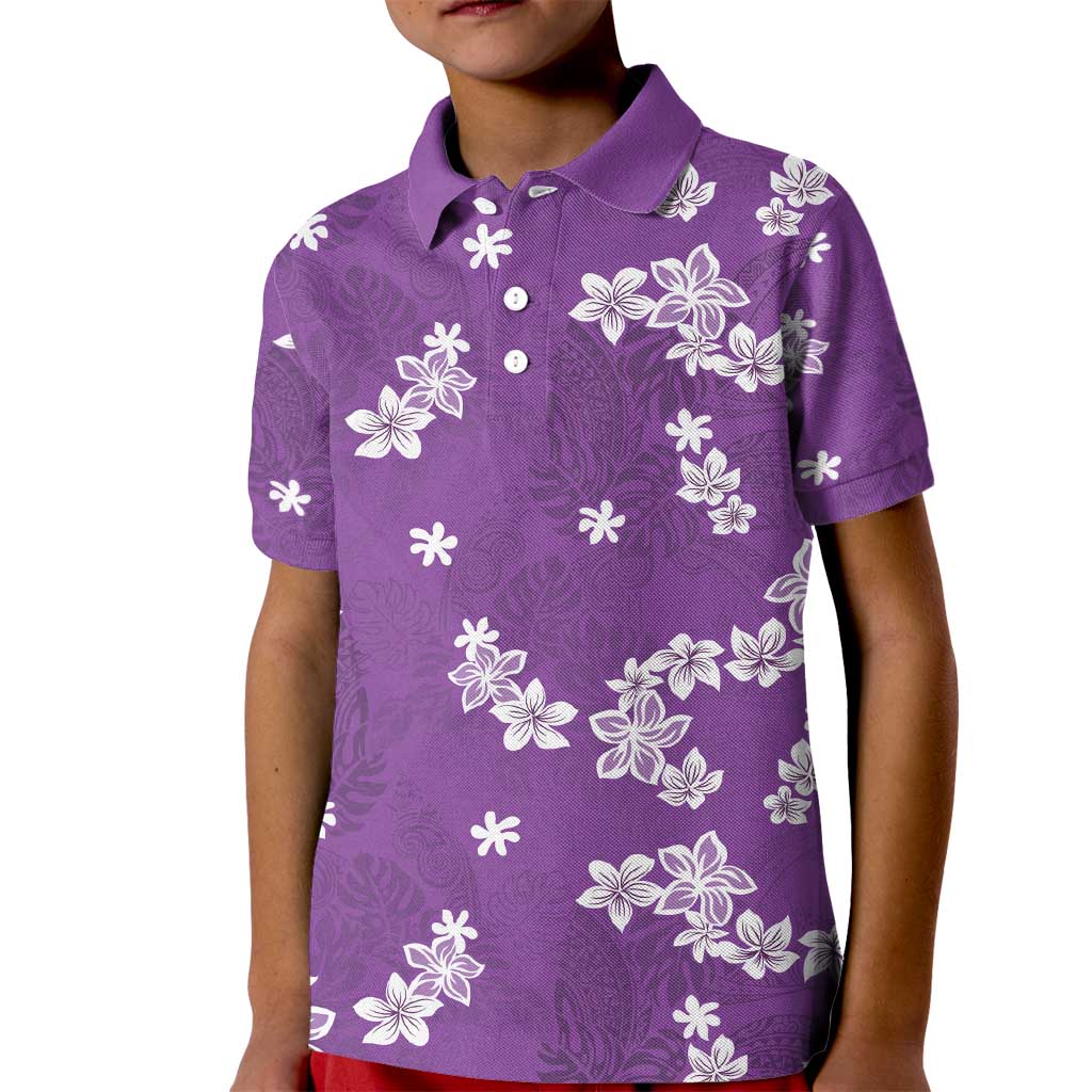 Hawaii Monstera Deliciosa Kid Polo Shirt Purple Plumeria Polynesian Pattern - Polynesian Pride