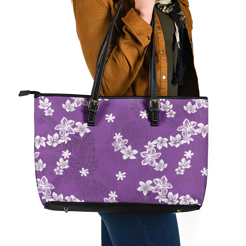 Hawaii Monstera Deliciosa Leather Tote Bag Purple Plumeria Polynesian Pattern - Polynesian Pride