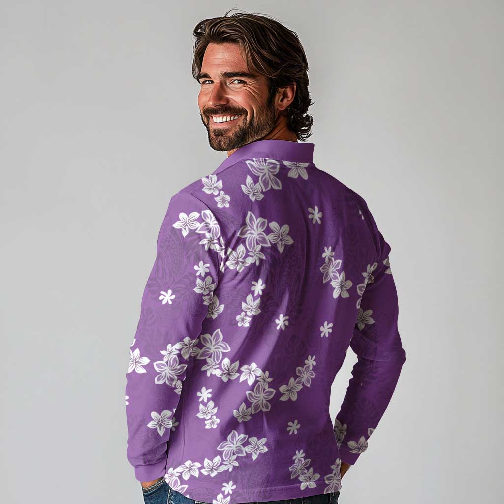Hawaii Monstera Deliciosa Long Sleeve Polo Shirt Purple Plumeria Polynesian Pattern - Polynesian Pride