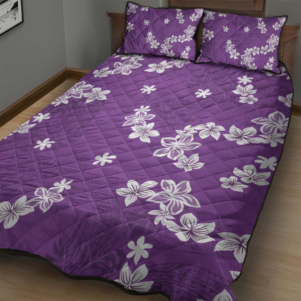 Hawaii Monstera Deliciosa Quilt Bed Set Purple Plumeria Polynesian Pattern - Polynesian Pride