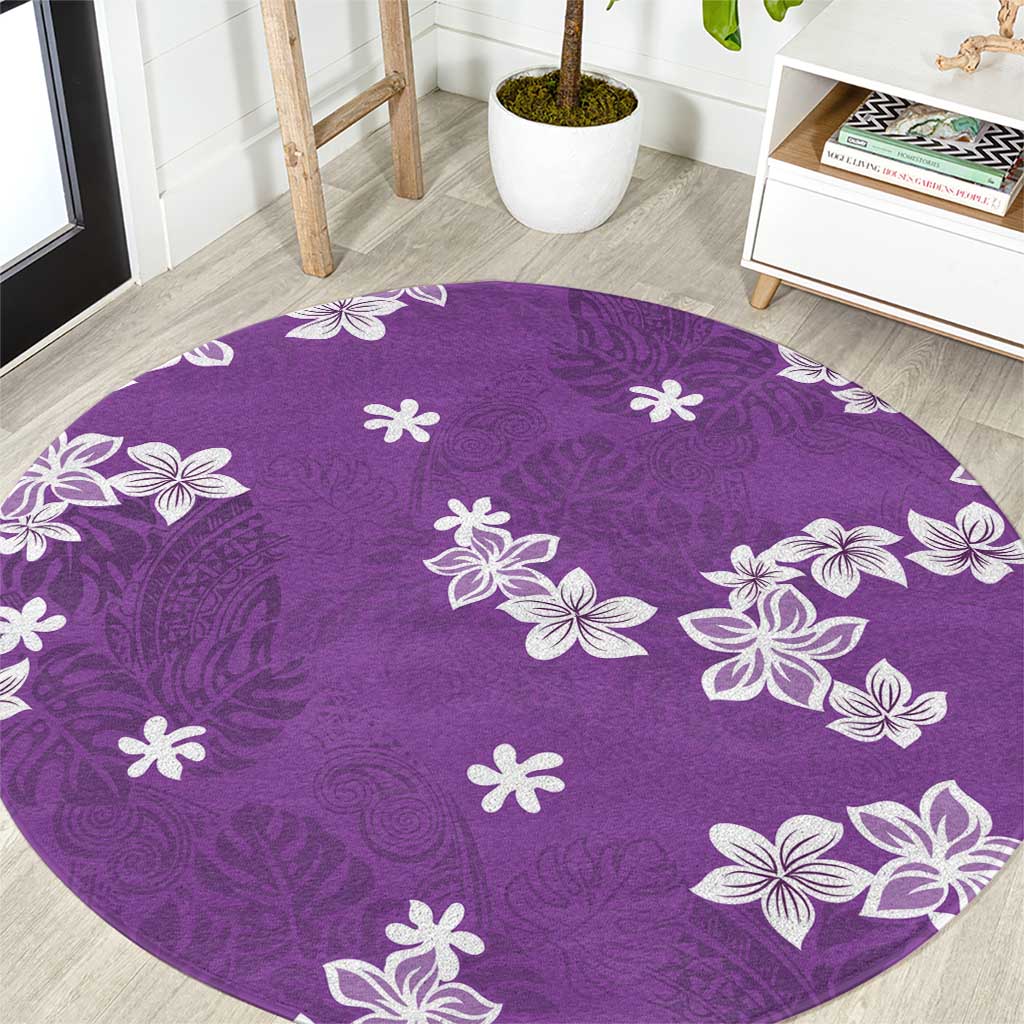 Hawaii Monstera Deliciosa Round Carpet Purple Plumeria Polynesian Pattern - Polynesian Pride
