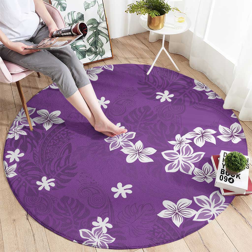 Hawaii Monstera Deliciosa Round Carpet Purple Plumeria Polynesian Pattern - Polynesian Pride