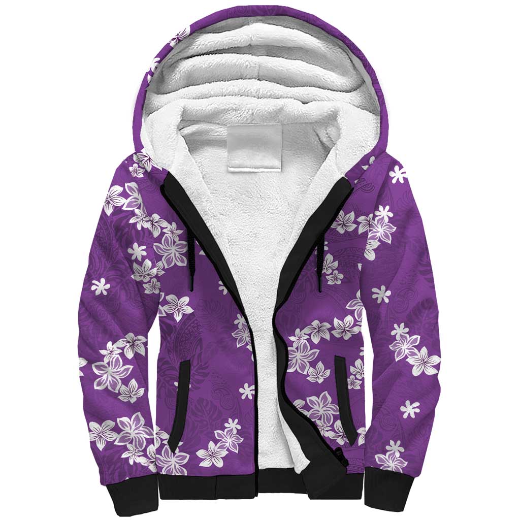 Hawaii Monstera Deliciosa Sherpa Hoodie Purple Plumeria Polynesian Pattern - Polynesian Pride