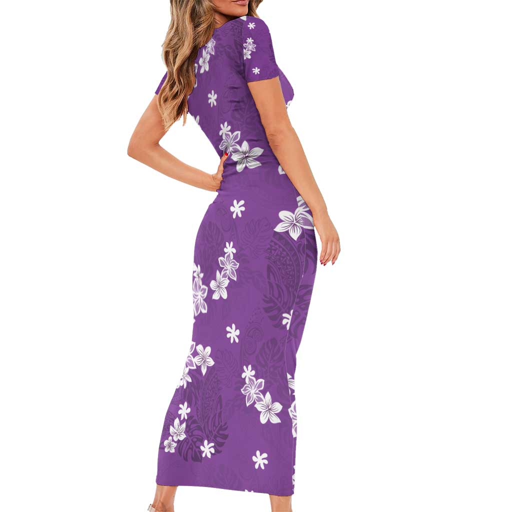 Hawaii Monstera Deliciosa Short Sleeve Bodycon Dress Purple Plumeria Polynesian Pattern - Polynesian Pride