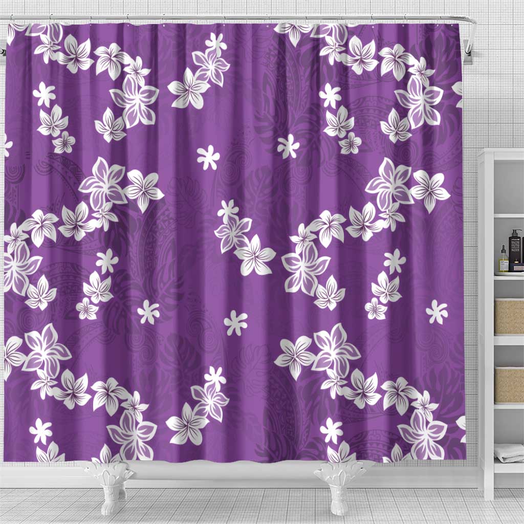 Hawaii Monstera Deliciosa Shower Curtain Purple Plumeria Polynesian Pattern - Polynesian Pride