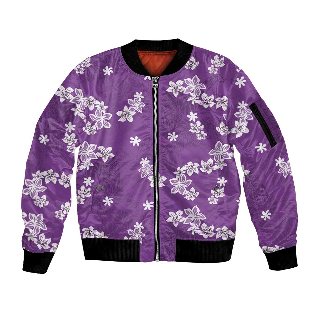 Hawaii Monstera Deliciosa Sleeve Zip Bomber Jacket Purple Plumeria Polynesian Pattern LT05 Unisex Purple - Polynesian Pride