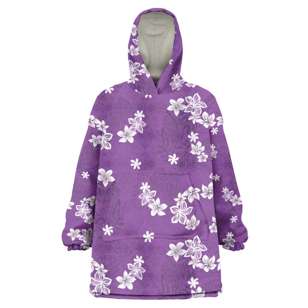 Hawaii Monstera Deliciosa Wearable Blanket Hoodie Purple Plumeria Polynesian Pattern - Polynesian Pride