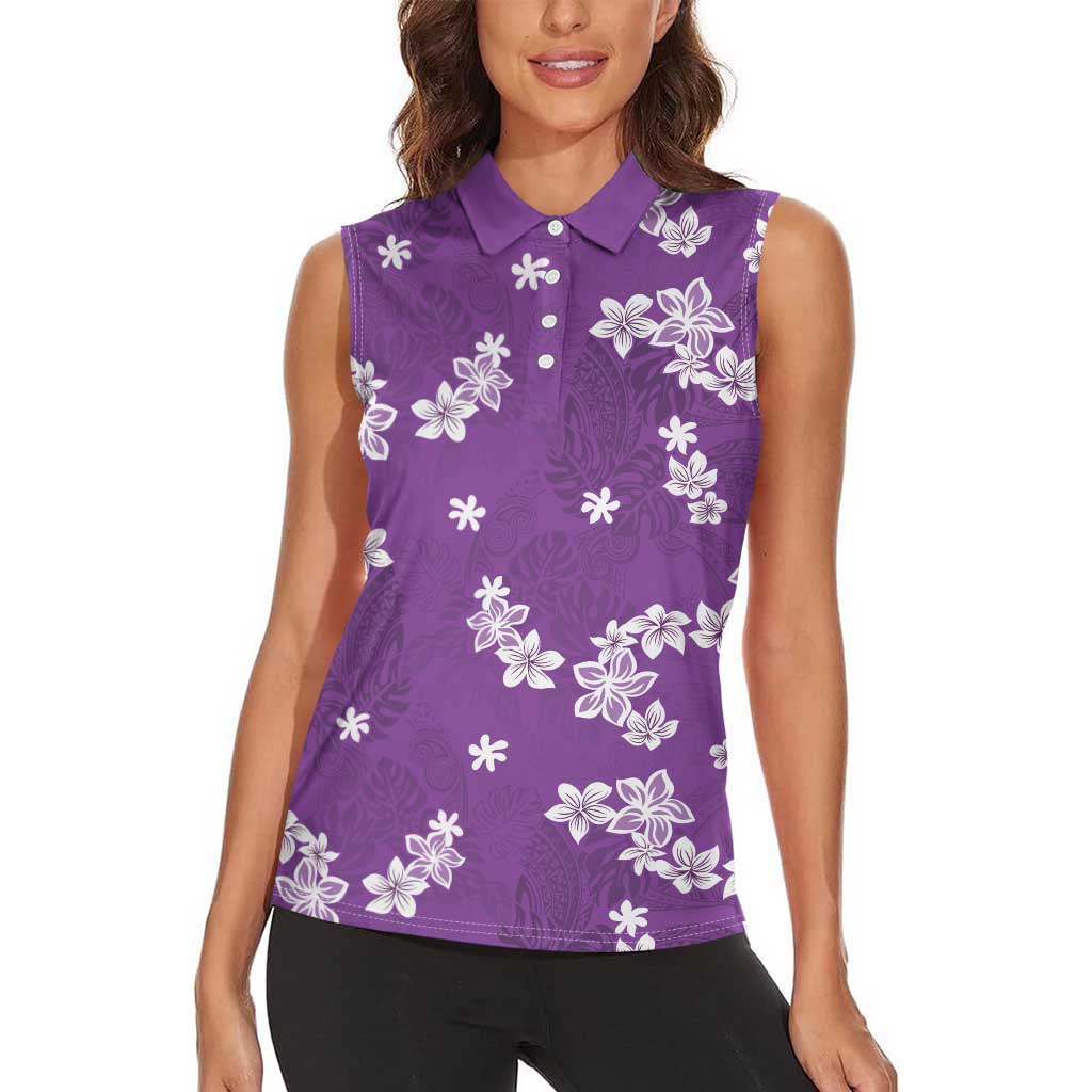 Hawaii Monstera Deliciosa Women Sleeveless Polo Shirt Purple Plumeria Polynesian Pattern - Polynesian Pride