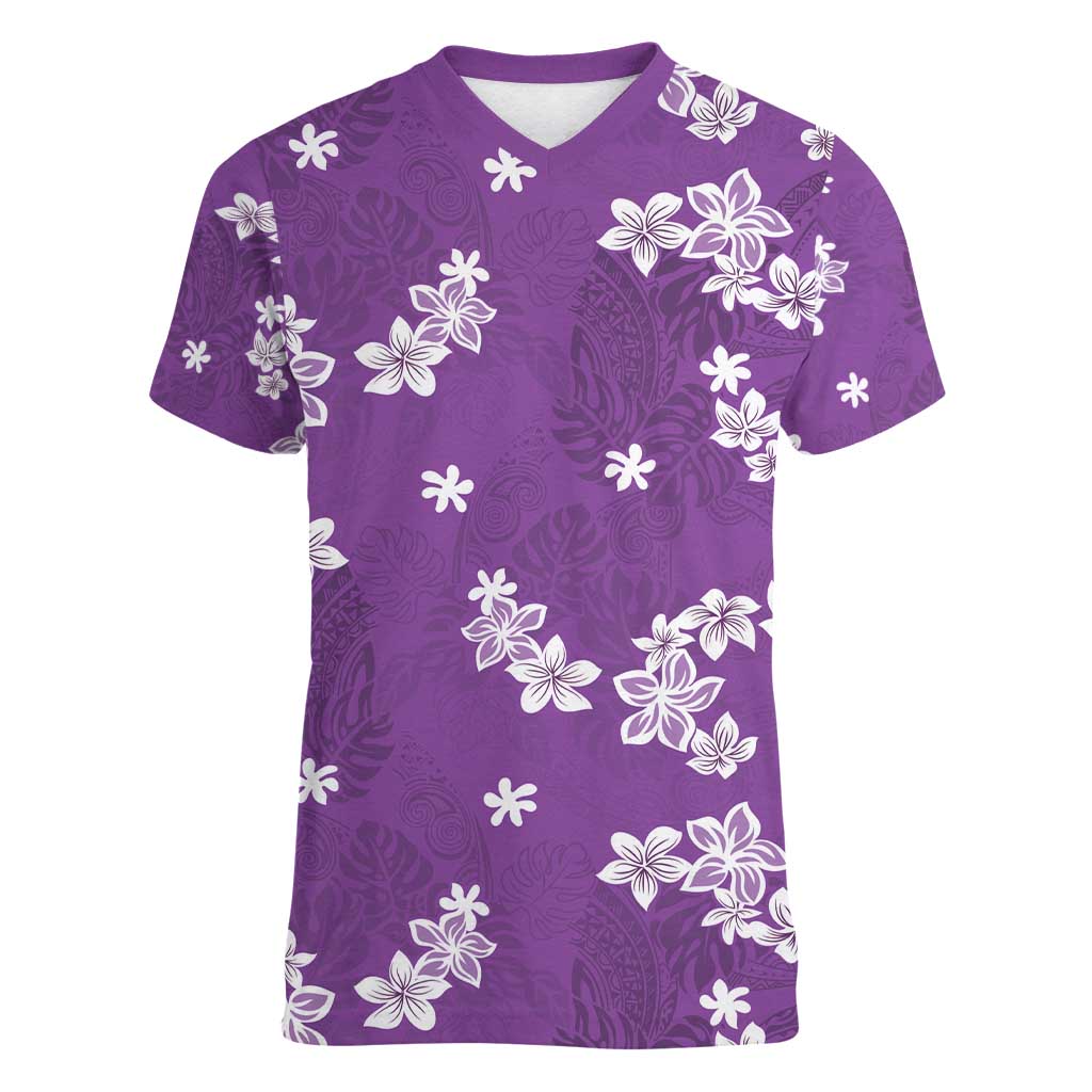 Hawaii Monstera Deliciosa Women V-Neck T-Shirt Purple Plumeria Polynesian Pattern LT05 Female Purple - Polynesian Pride