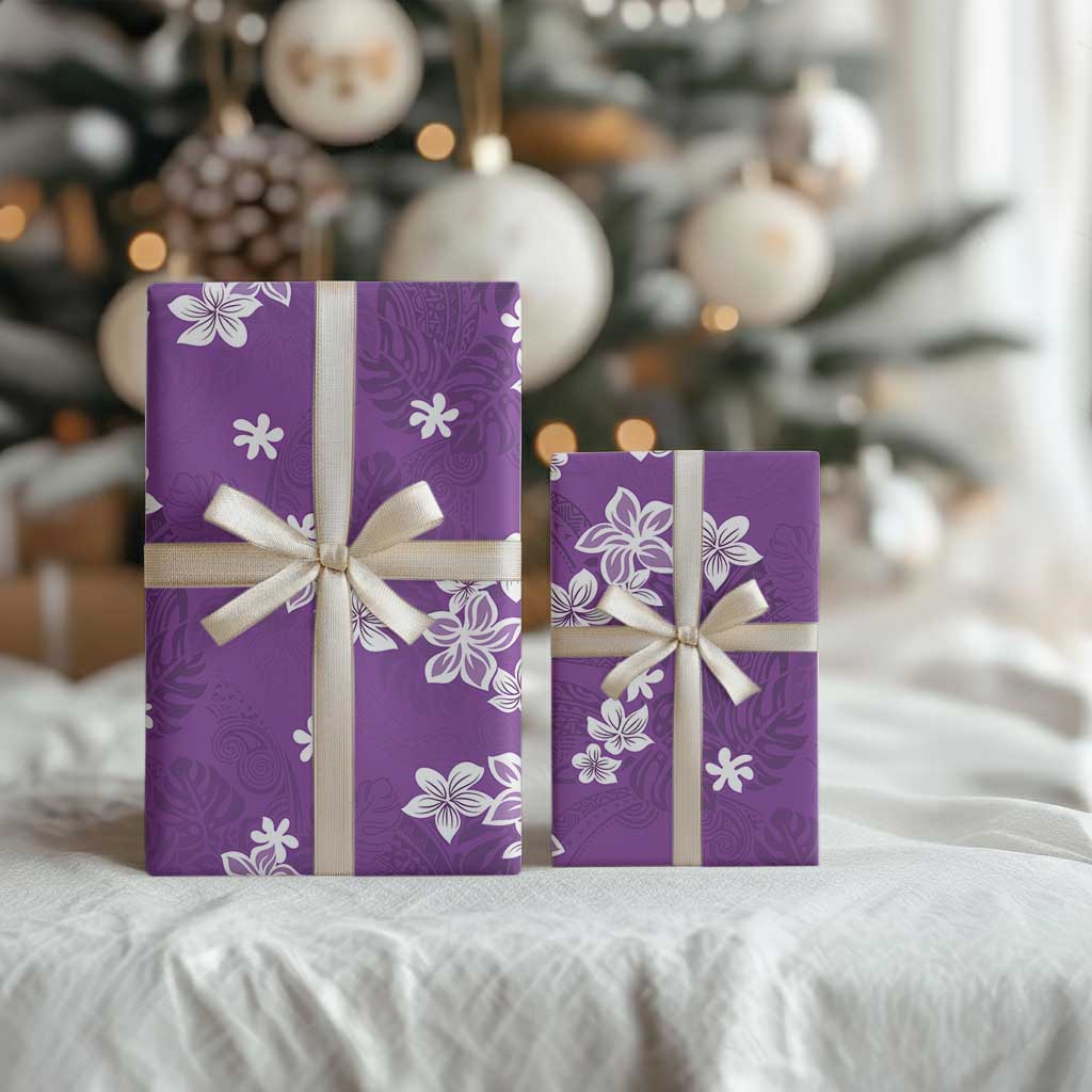 Hawaii Monstera Deliciosa Wrapping Paper Purple Plumeria Polynesian Pattern - Polynesian Pride