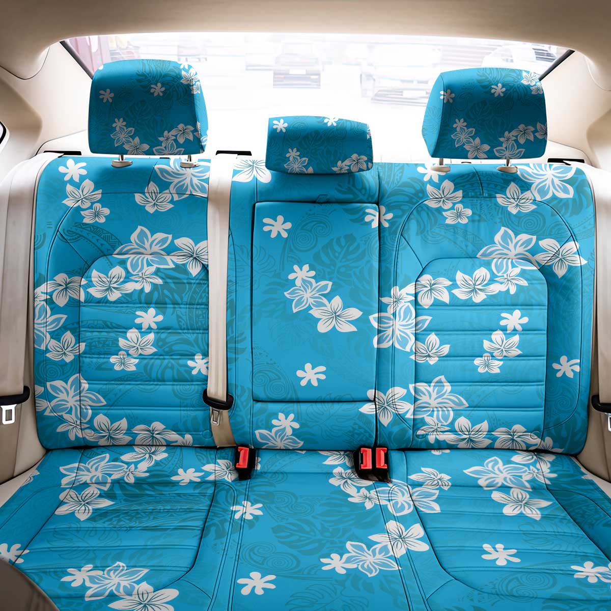 Hawaii Monstera Deliciosa Back Car Seat Cover Blue Plumeria Polynesian Pattern - Polynesian Pride