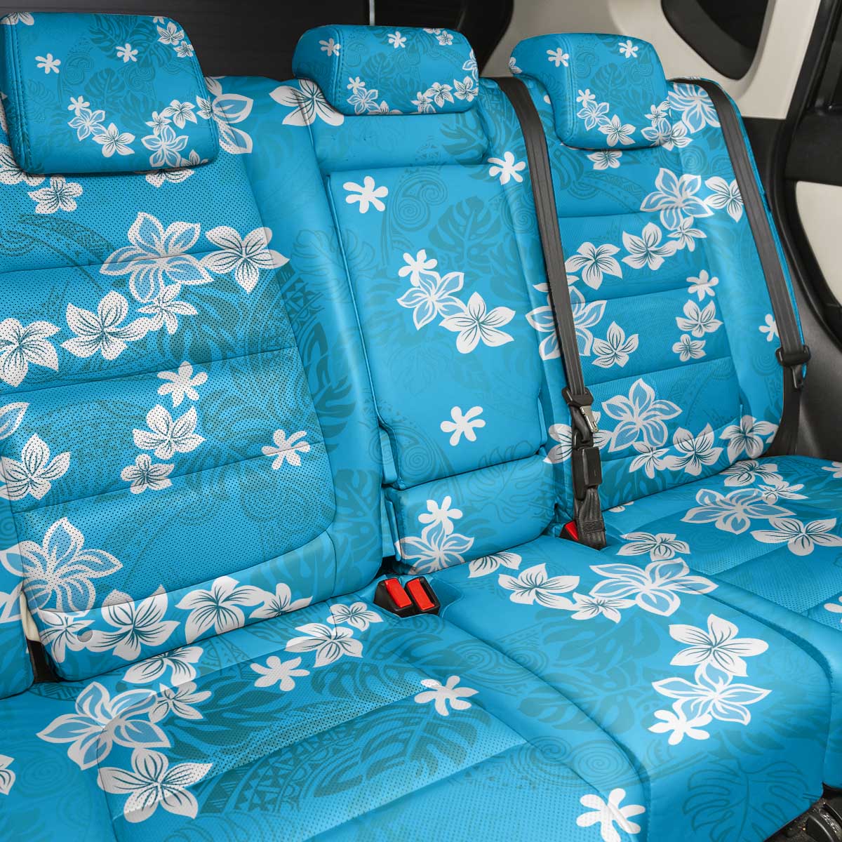 Hawaii Monstera Deliciosa Back Car Seat Cover Blue Plumeria Polynesian Pattern - Polynesian Pride
