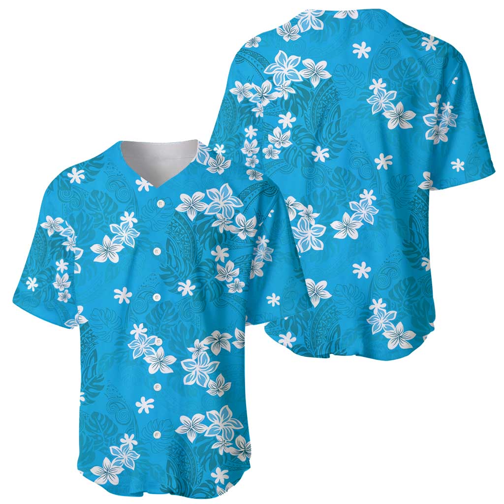 Hawaii Monstera Deliciosa Baseball Jersey Blue Plumeria Polynesian Pattern - Polynesian Pride