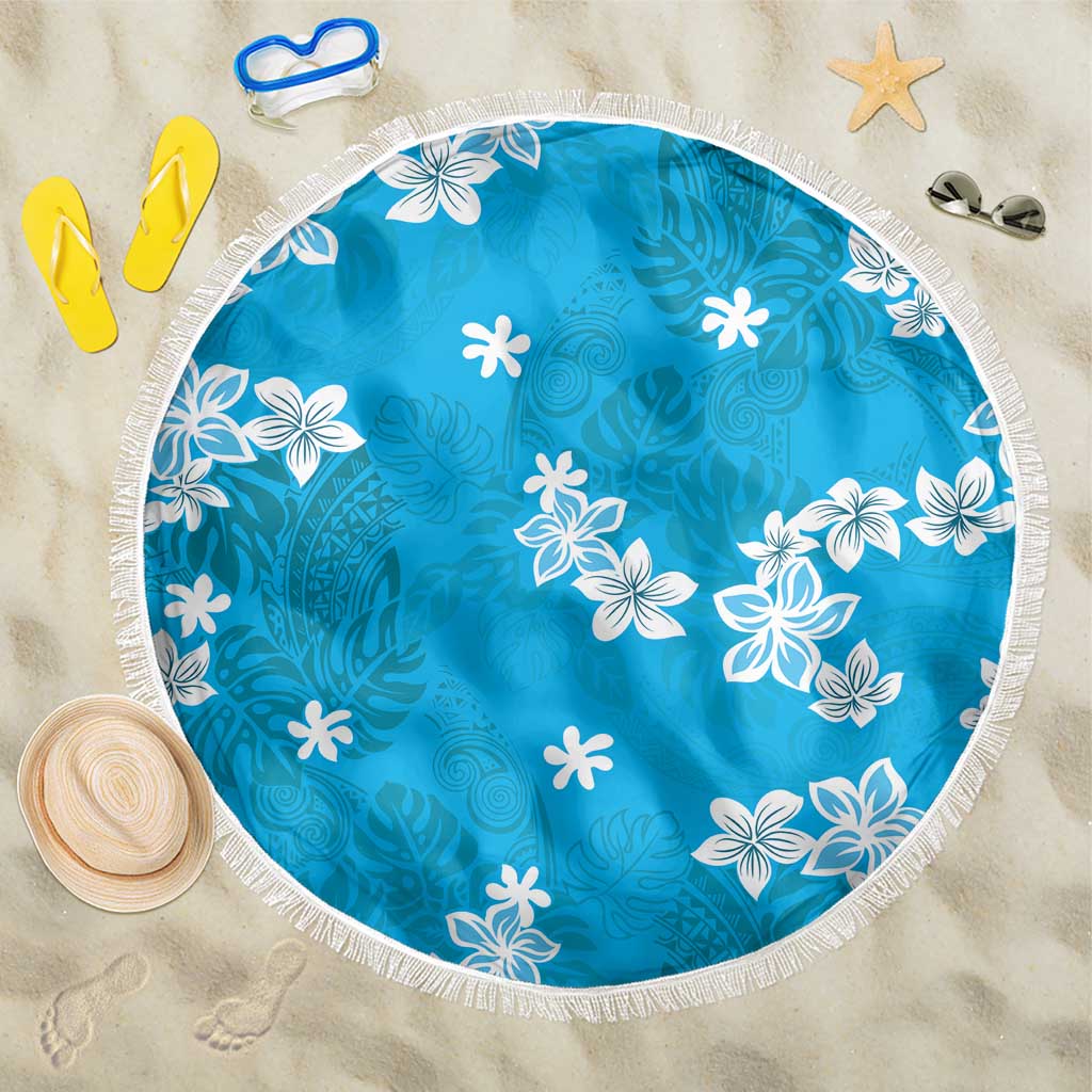 Hawaii Monstera Deliciosa Beach Blanket Blue Plumeria Polynesian Pattern - Polynesian Pride