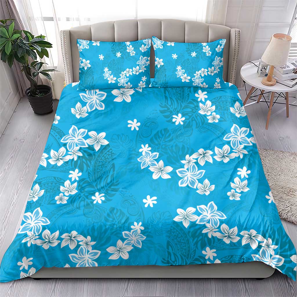 Hawaii Monstera Deliciosa Bedding Set Blue Plumeria Polynesian Pattern - Polynesian Pride