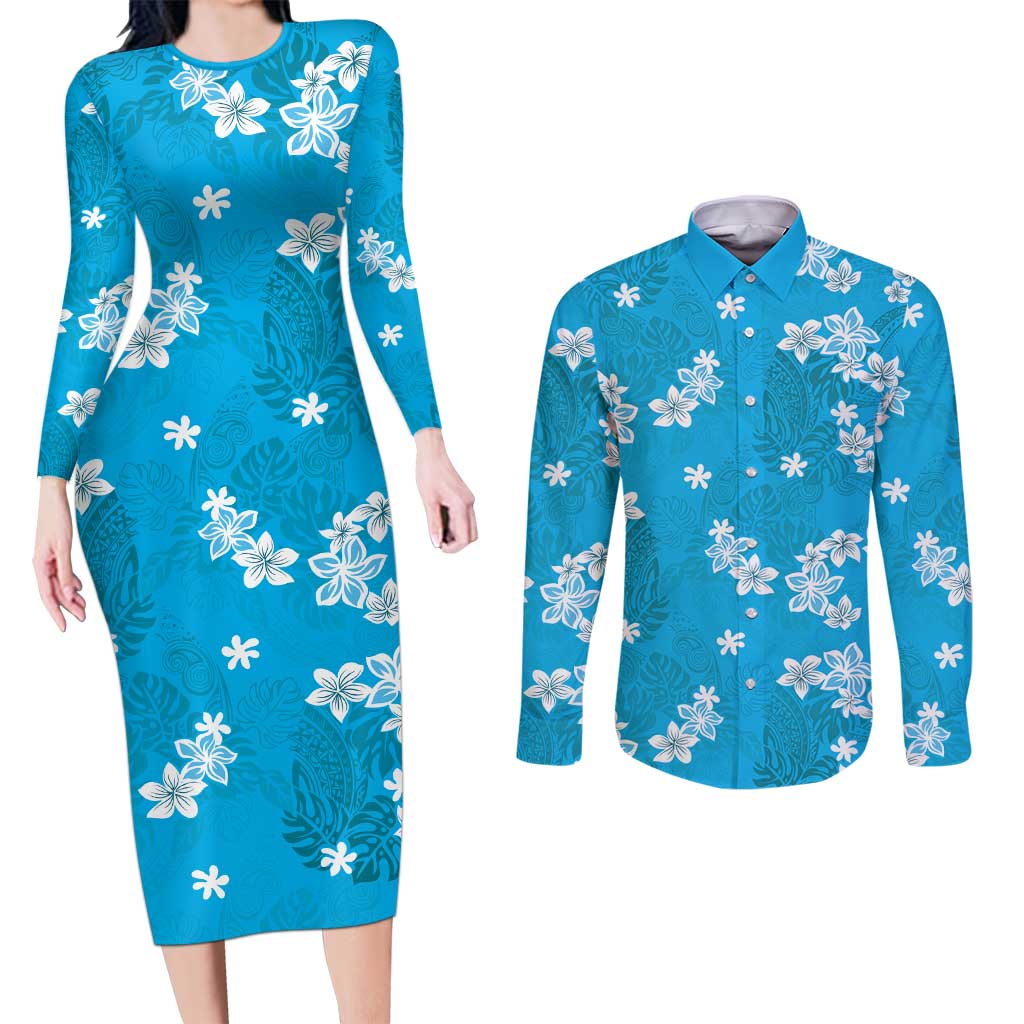 Hawaii Monstera Deliciosa Couples Matching Long Sleeve Bodycon Dress and Long Sleeve Button Shirt Blue Plumeria Polynesian Pattern - Polynesian Pride