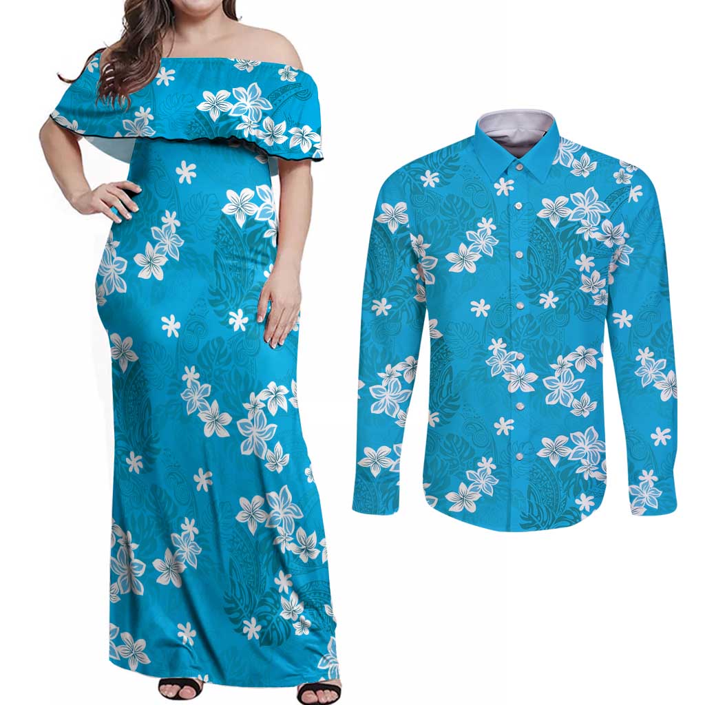 Hawaii Monstera Deliciosa Couples Matching Off Shoulder Maxi Dress and Long Sleeve Button Shirt Blue Plumeria Polynesian Pattern - Polynesian Pride
