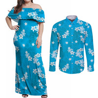 Hawaii Monstera Deliciosa Couples Matching Off Shoulder Maxi Dress and Long Sleeve Button Shirt Blue Plumeria Polynesian Pattern - Polynesian Pride