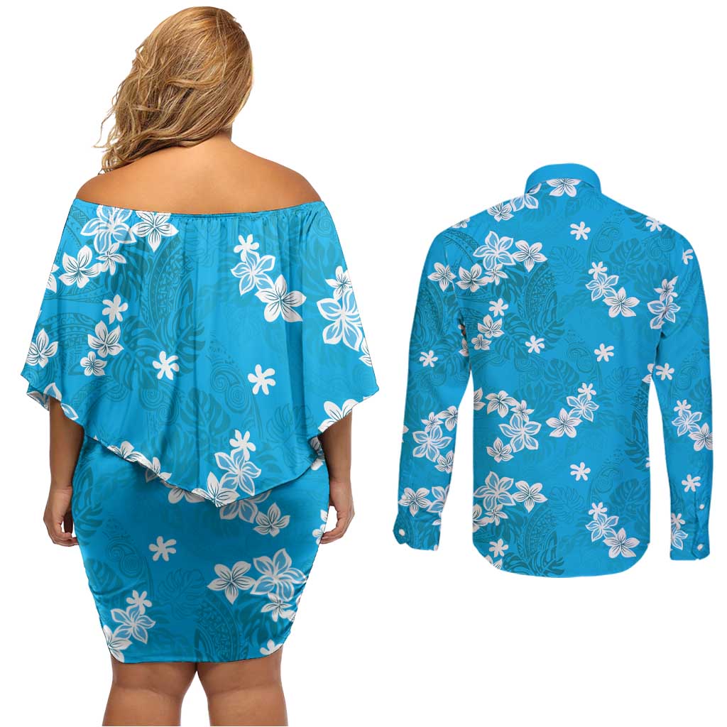 Hawaii Monstera Deliciosa Couples Matching Off Shoulder Short Dress and Long Sleeve Button Shirt Blue Plumeria Polynesian Pattern - Polynesian Pride