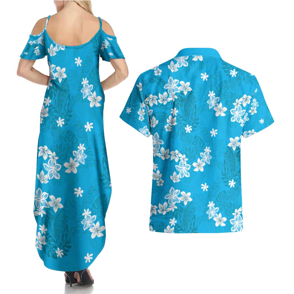 Hawaii Monstera Deliciosa Couples Matching Summer Maxi Dress and Hawaiian Shirt Blue Plumeria Polynesian Pattern - Polynesian Pride