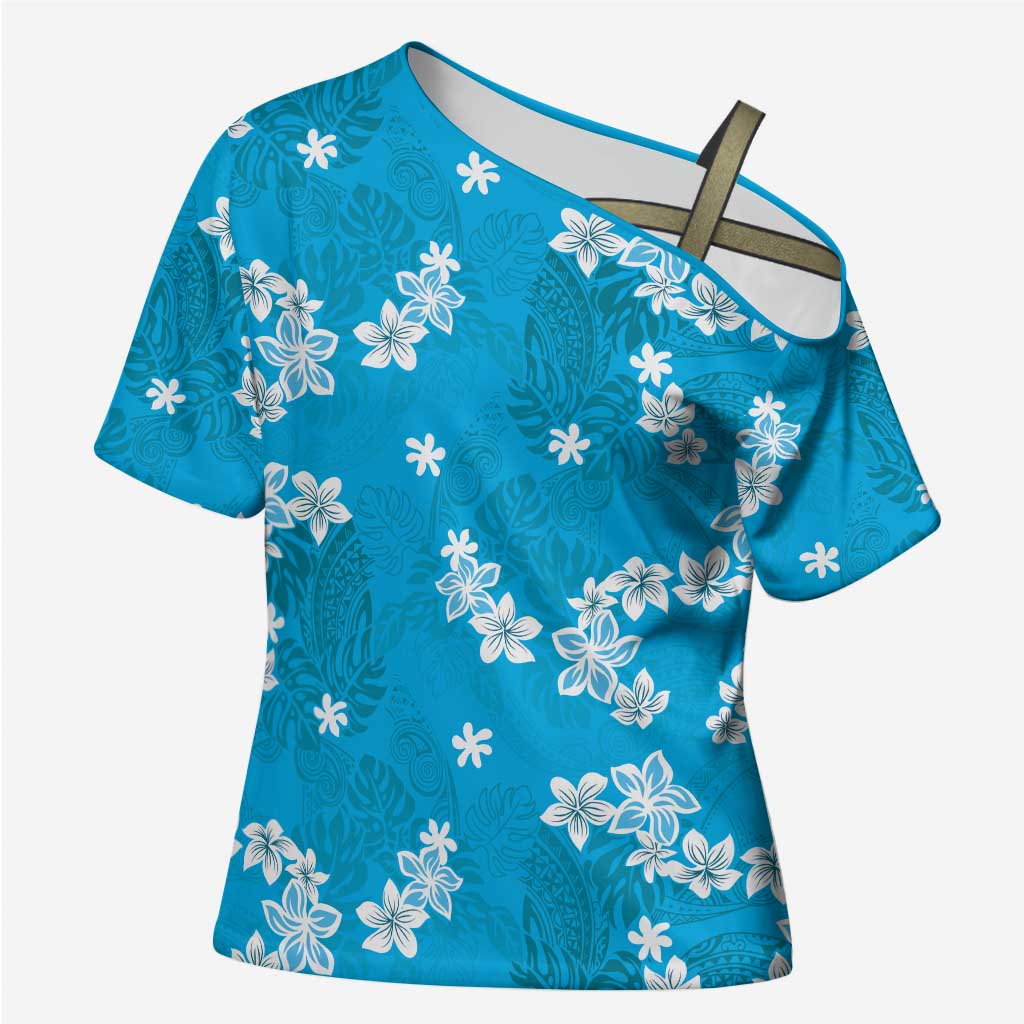 Hawaii Monstera Deliciosa Cross Shoulder Shirt Blue Plumeria Polynesian Pattern LT05 Female Blue - Polynesian Pride