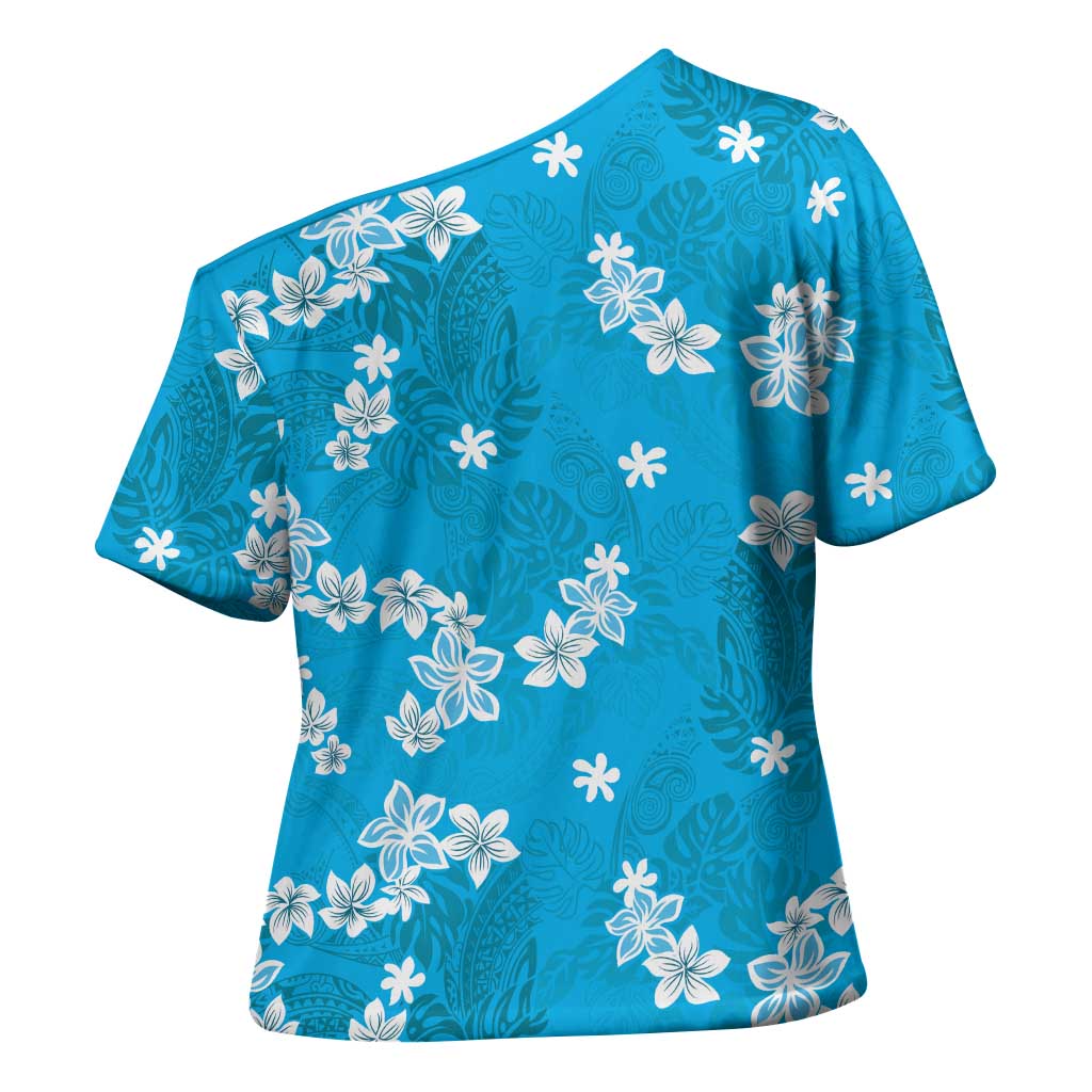 Hawaii Monstera Deliciosa Cross Shoulder Shirt Blue Plumeria Polynesian Pattern LT05 - Polynesian Pride
