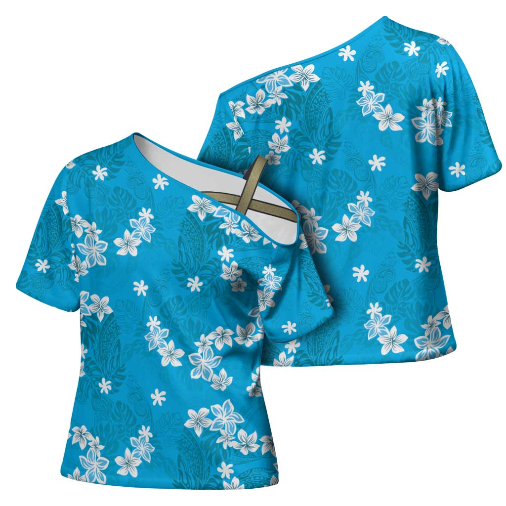 Hawaii Monstera Deliciosa Cross Shoulder Shirt Blue Plumeria Polynesian Pattern LT05 - Polynesian Pride
