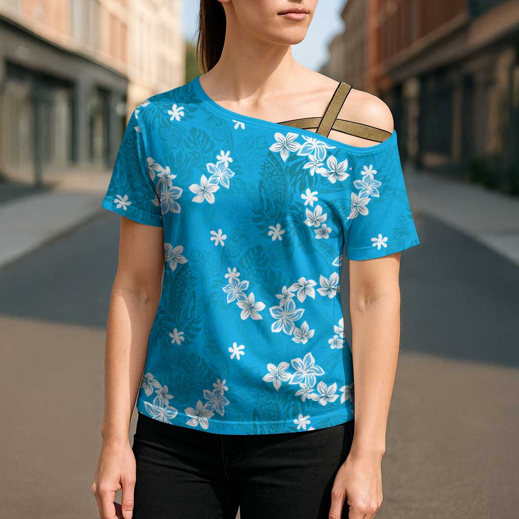 Hawaii Monstera Deliciosa Cross Shoulder Shirt Blue Plumeria Polynesian Pattern LT05 - Polynesian Pride