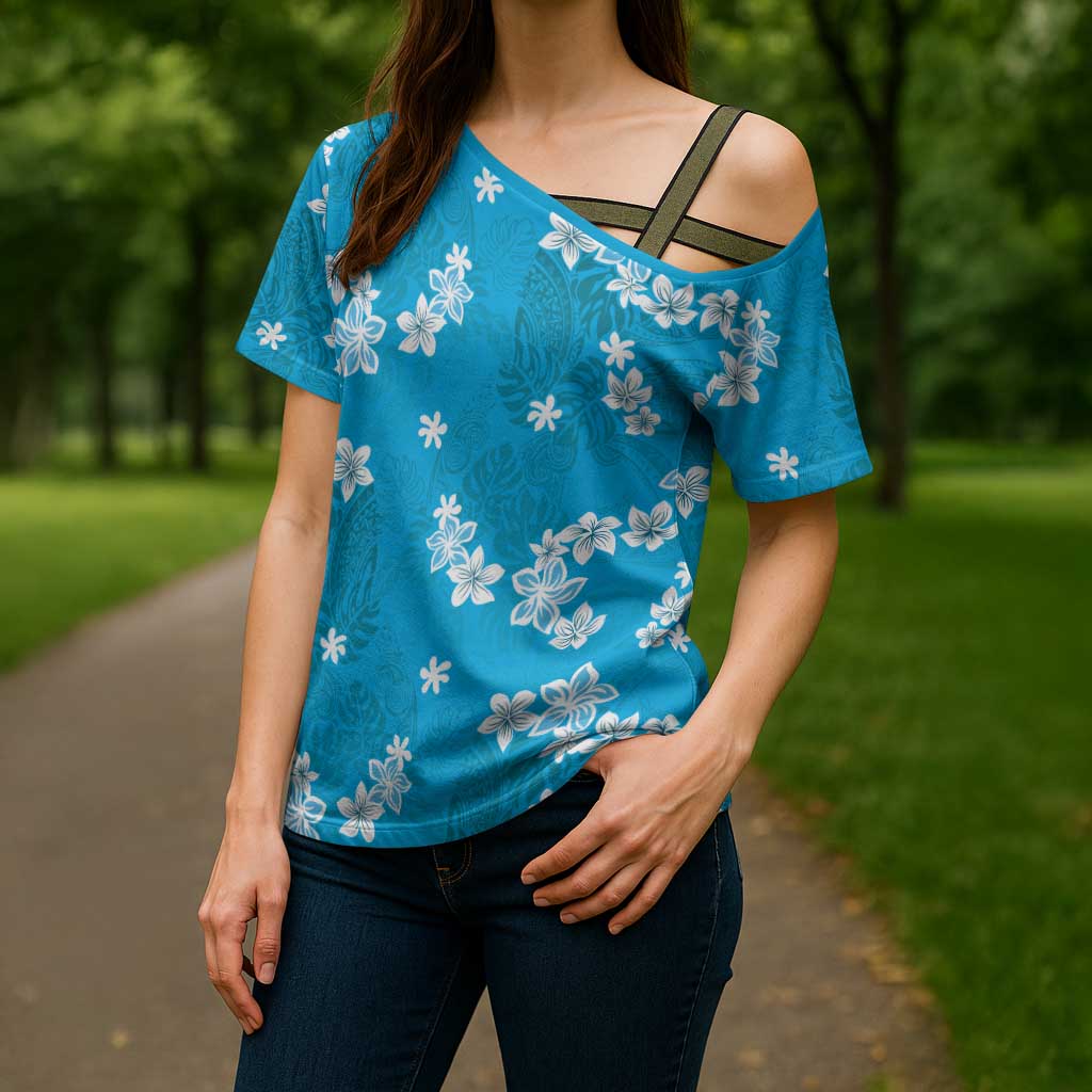 Hawaii Monstera Deliciosa Cross Shoulder Shirt Blue Plumeria Polynesian Pattern LT05 - Polynesian Pride