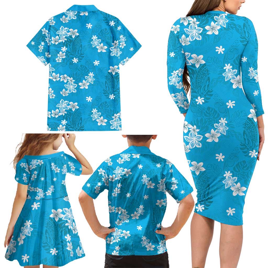 Hawaii Monstera Deliciosa Family Matching Long Sleeve Bodycon Dress and Hawaiian Shirt Blue Plumeria Polynesian Pattern - Polynesian Pride