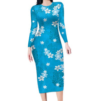Hawaii Monstera Deliciosa Family Matching Long Sleeve Bodycon Dress and Hawaiian Shirt Blue Plumeria Polynesian Pattern - Polynesian Pride